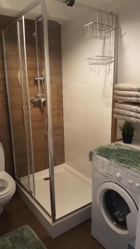 a bathroom with a shower and a washing machine at Apartament Szmaragdowy Zakątek in Kołobrzeg