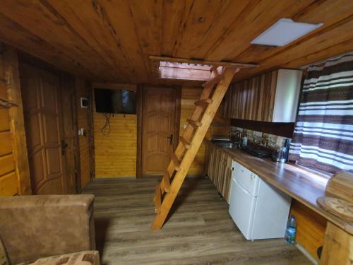 a kitchen with a staircase in a log cabin at Трембіта in Rakhiv