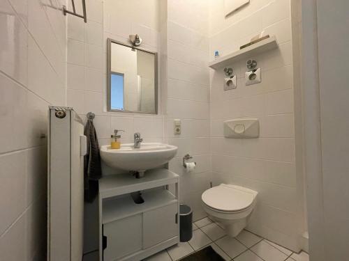 La salle de bains blanche est pourvue d'un lavabo et de toilettes. dans l'établissement LE-Citywohnung-II, à Leipzig