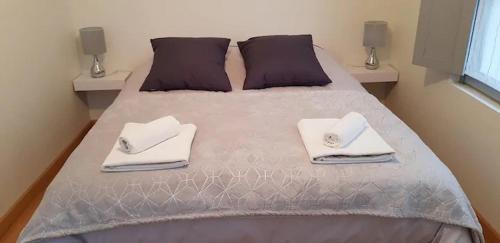 1 dormitorio con 1 cama con 2 toallas en Le Gite de Myla au pied du Château Royal d'Amboise, en Amboise