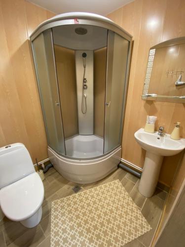 a bathroom with a shower and a toilet and a sink at Touristic complex Taiezhnik in Manzherok