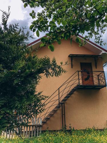a staircase on the side of a building with trees at Апартаменти у Верховині in Verkhovyna