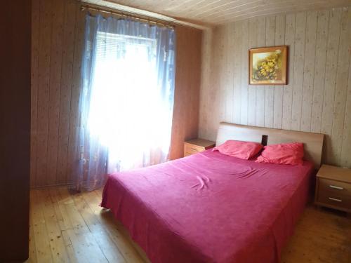a bedroom with a pink bed with a window at Коттедж на базе отдыха у реки с. Кудашевка in Kudashevka
