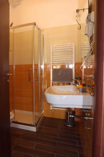 a bathroom with a sink and a shower at Villa Rosada in Palinuro
