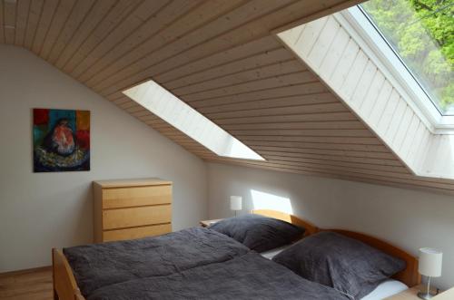 a bedroom with a bed and a skylight at Wellness Apartments Sophienhöhe AM POOL in Mechernich