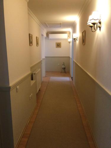 a long hallway with a long carpet in a room at Jókai Apartment in Sopron