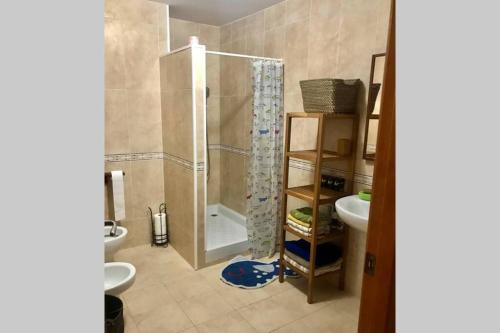 y baño con ducha, aseo y lavamanos. en Apartament amb parking privat a St Joan de les Abadesses, en Sant Joan de les Abadesses
