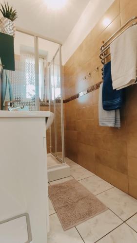 W łazience znajduje się prysznic i umywalka. w obiekcie Apartament Pilsko 1 w Korbielowie
