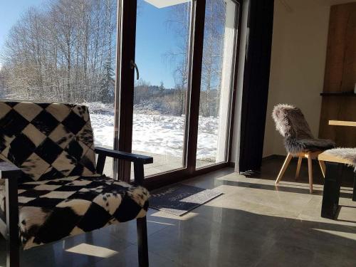 a living room with a chair and a window at Apartmán Pod Hochfichtem in Nová Pec