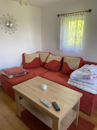 a living room with a red couch and a coffee table at Domek wakacyjny in Charzykowy