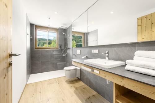 a bathroom with a sink and a toilet and a shower at SCHWARZENBACH - Apartments & Rooftop Pool in Feldberg