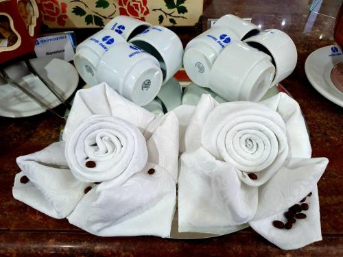 a pile of white towels on a table at Hotel Dan Inn Campinas Cambuí - Um Hotel Clássico em Campinas By Nacional Inn in Campinas