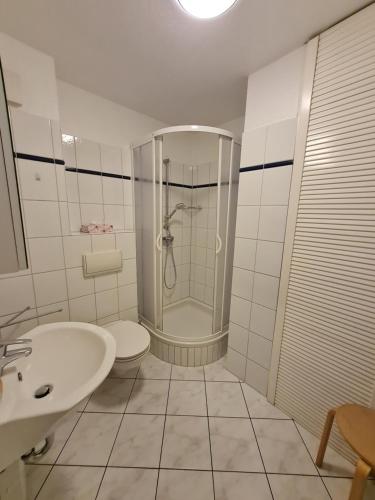 a bathroom with a shower and a toilet and a sink at Zingst Achtern Diek 12d Elly in Zingst