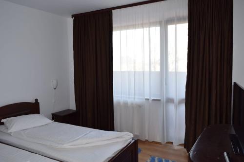 ein Schlafzimmer mit einem Bett und einem großen Fenster in der Unterkunft Pensiunea Daiana in Frasin