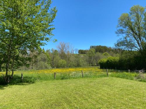 a field of grass with a fence and trees and flowers at Le Scailleteux - Gîte de charme clôturé, accès à la rivière in Fauvillers