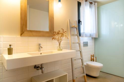 a bathroom with a sink and a toilet and a mirror at Can Alemany in Santa Margarida de Montbui