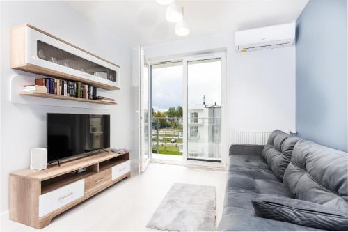 Apartament Future في كولوبرزيغ: غرفة معيشة مع أريكة رمادية وتلفزيون