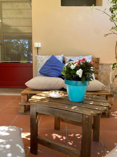 a wooden bench with a blue pot on a table at Relais Felciaino B&B in Bolgheri