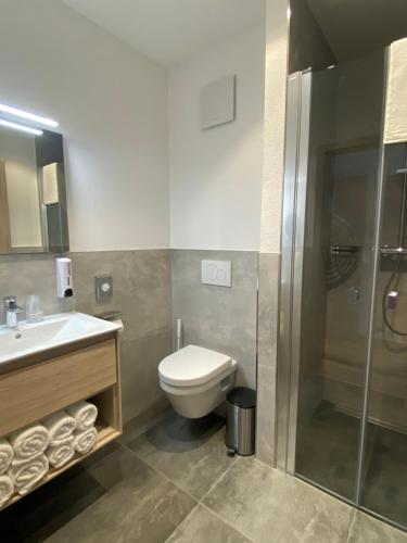 a bathroom with a toilet, sink, and shower at Hotel Kosel garni, mit tollen Eröffnungspreisen und Europa-Park Eintrittskarten Garantie in Rust