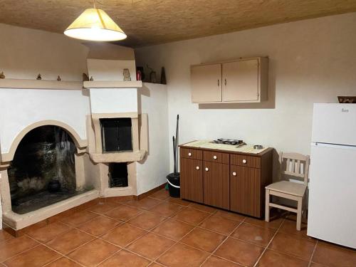 a kitchen with a fireplace and a table and a refrigerator at Alojamento da Ribeirinha in Cárquere