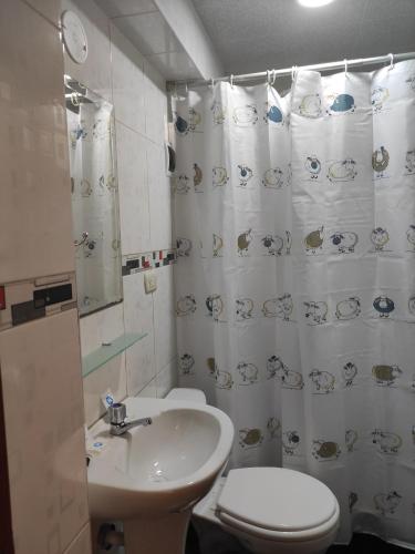 a bathroom with a sink and a toilet and a shower curtain at Casa del Escultor in Cusco