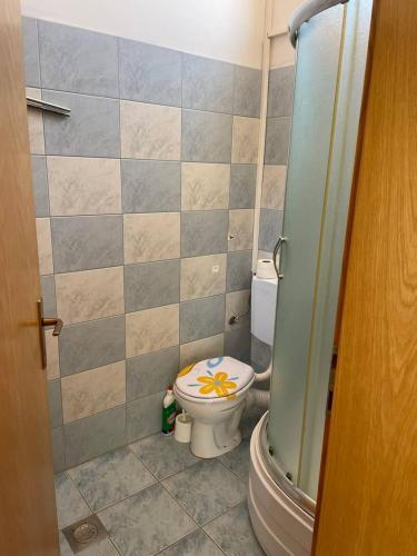 a bathroom with a toilet with a flower on the lid at Apartment Zdenka in Vir