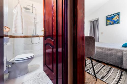 un bagno con servizi igienici, doccia e letto di Rooms Daria a Rovigno (Rovinj)