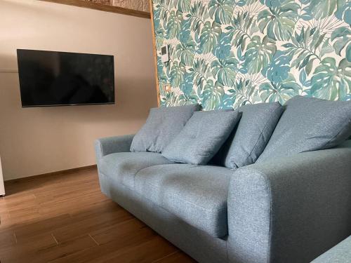 a blue couch in a living room with a tv at Tropical House in Mola di Bari