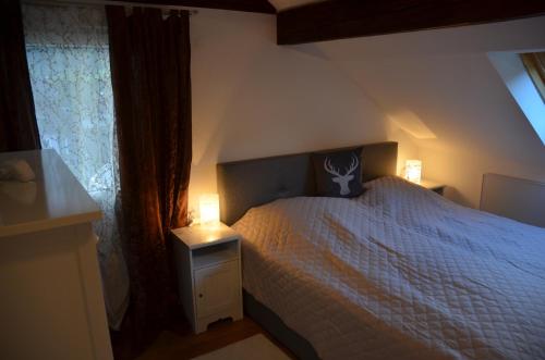 a bedroom with a bed and a window and lights at Grimming View in Niederöblarn