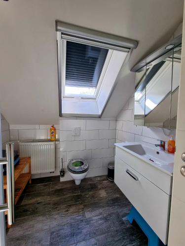 a bathroom with a sink and a toilet with a window at Ferienwohnung Otschik in Glan-Münchweiler