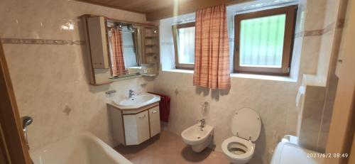 y baño con aseo, lavabo y bañera. en Appartements Klaus Bergheim, en Predoi