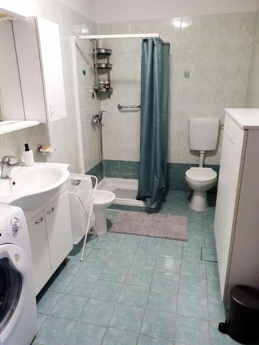 a bathroom with a shower and a toilet and a sink at APARTMA NANA STRUNJAN in Portorož