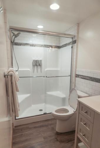 a bathroom with a shower with a toilet and a sink at Clear Creek Inn in Georgetown