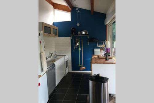 Il comprend une cuisine avec des murs bleus et du carrelage noir au sol. dans l'établissement Maison Girolle, à Vendays-Montalivet