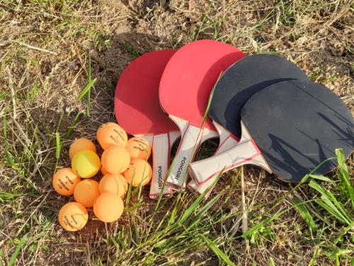 a pile of balls on the ground next to an umbrella at Gite Ferme Brelouffe 1 in La Rosière