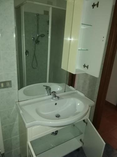 a bathroom with a white sink and a shower at Casa Rosaguta in Vescina