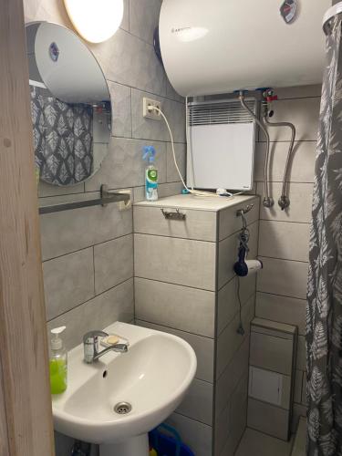 a small bathroom with a sink and a mirror at Pervalkos Dainava in Pervalka