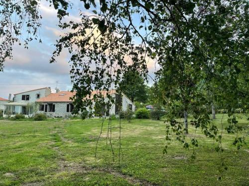 Ein Baum auf einem Feld mit einem Haus im Hintergrund in der Unterkunft La Parenthèse in Saint-Étienne-du-Bois