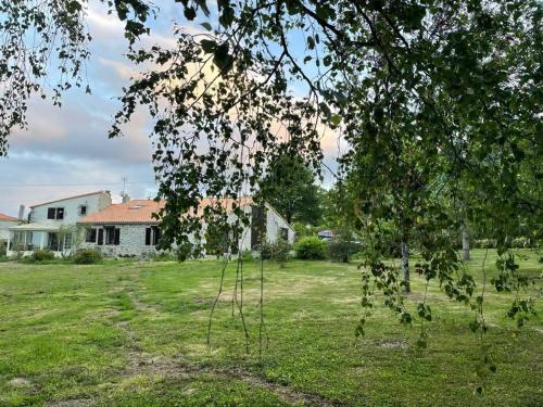 a tree in a field with a house in the background at La Parenthèse in Saint-Étienne-du-Bois