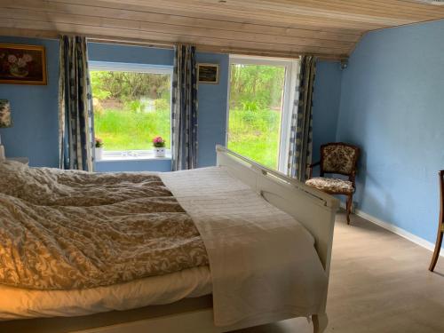 a bedroom with blue walls and a bed and a window at Brogaard Apartments in Løkken