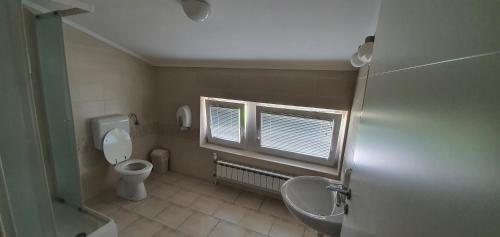 baño con aseo y lavabo y ventana en Gostilna s prenočišči Pri Janezu, en Zgornja Ložnica