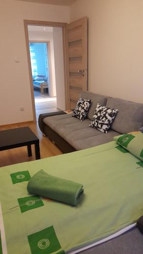 uma sala de estar com um sofá e uma cama verde em Wiesia2 em Zakopane