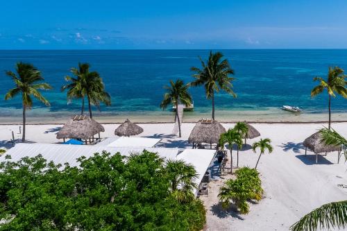 an aerial view of a beach with palm trees and umbrellas at The Zane Grey in Layton