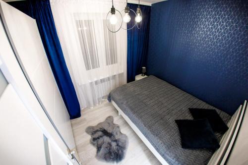 a bedroom with a bed with a blue wall at Apartament SHARK w centrum z klimą in Iława