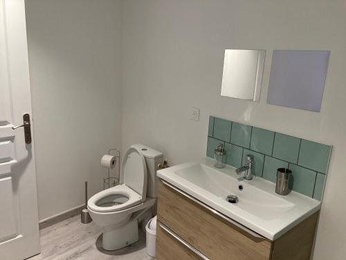 a white bathroom with a toilet and a sink at Bel Air 1 in Fougeré