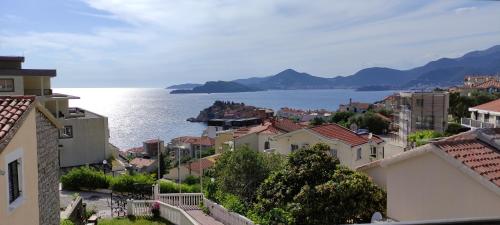 a view of a city and the water with buildings at Zoran Apartments in Sveti Stefan