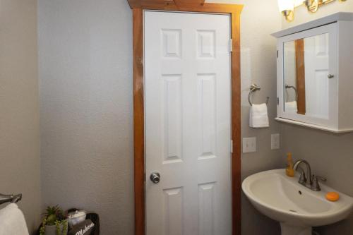 a bathroom with a white door and a sink at Burnett Ranch Cabins- Rosemary in Wimberley