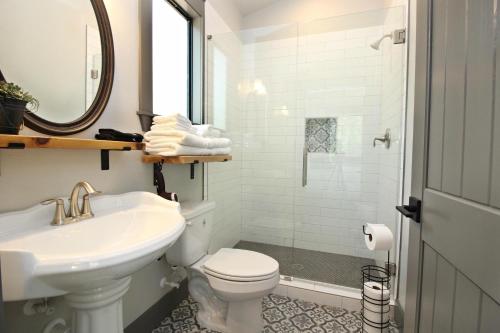 a bathroom with a sink and a toilet and a mirror at Green Acres Cottages - Blanco Suite in Wimberley