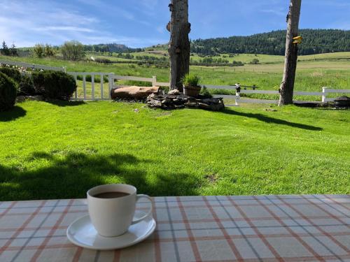 a cup of coffee sitting on top of a table at Country Cottage B&B in Vernon