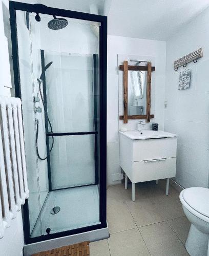 une salle de bain avec une douche en verre et un lavabo dans l'établissement Studio Royan centre, à Royan